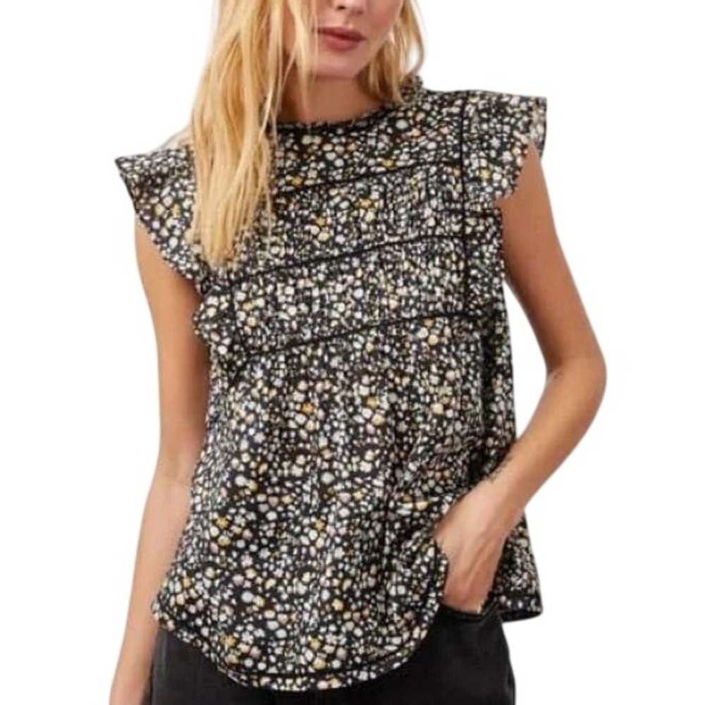 Rails Filomena‎ Flutter Sleeve Blouse Black Mini Floral Size L